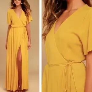 Lulus Much Obliged Golden Yellow V-Neck Short Sleeve Wrap Maxi Dress Size S